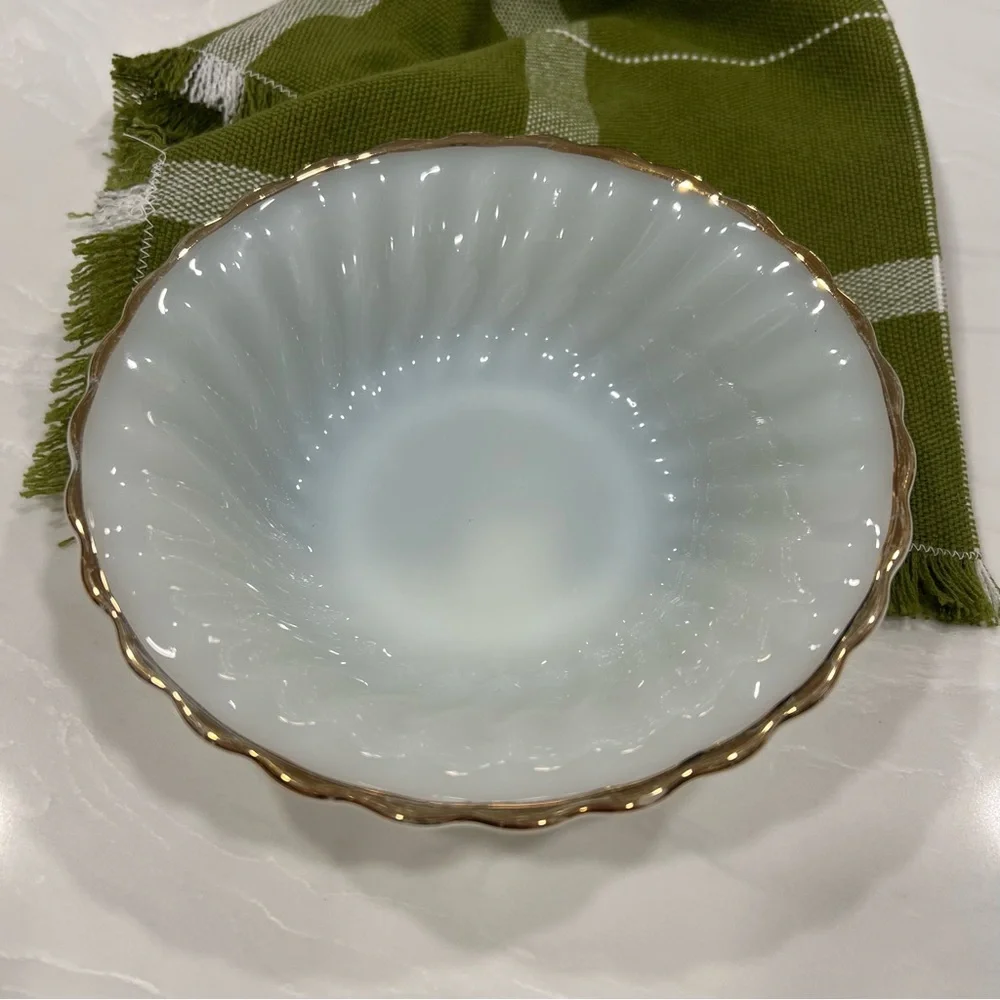 Anchor Hocking Milk Glass Swirl Gold Trim Bowls Set of 3 Cottagecore Classic